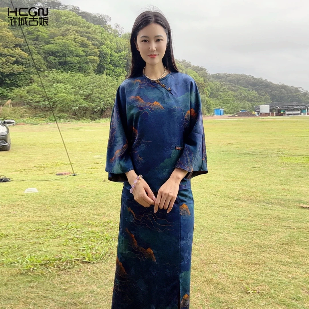 浒城古娘中式复古桑蚕丝气质女士中长款短袖百搭套装-WB2504215