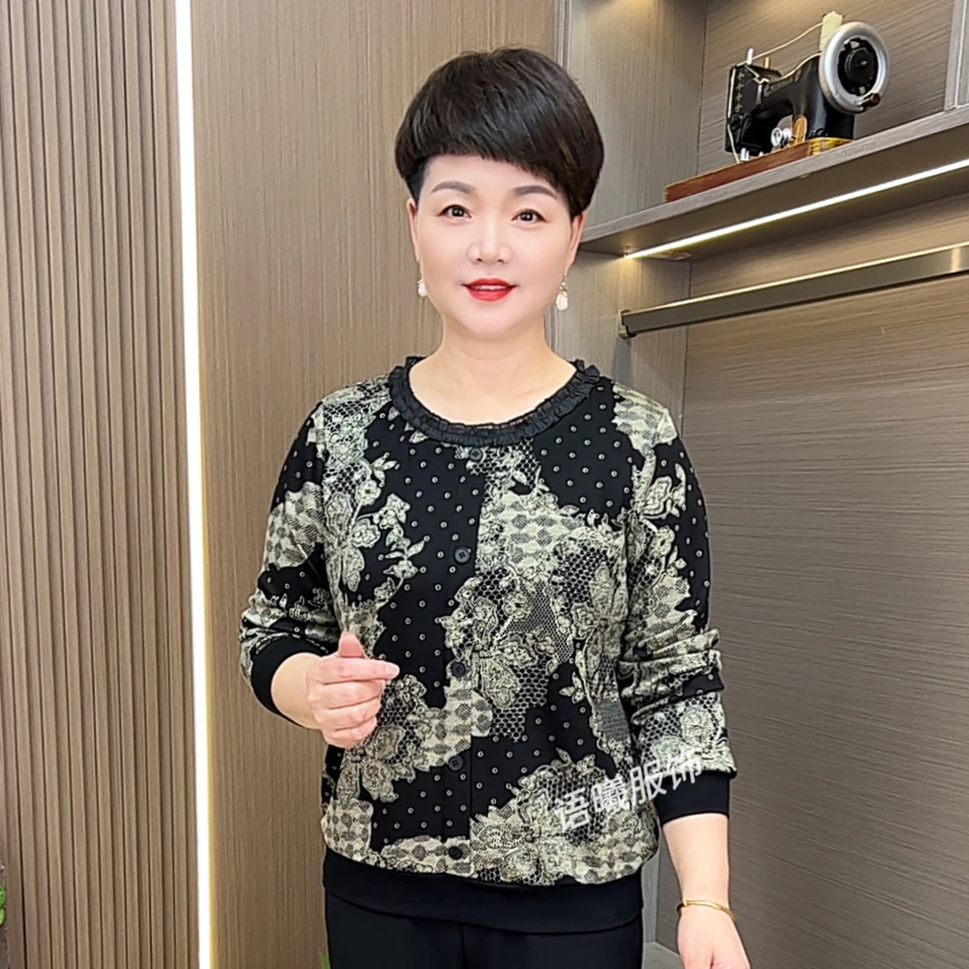 圆领时尚宽松型长袖中老年女装小衫宽松百搭上衣妈妈装F8103
