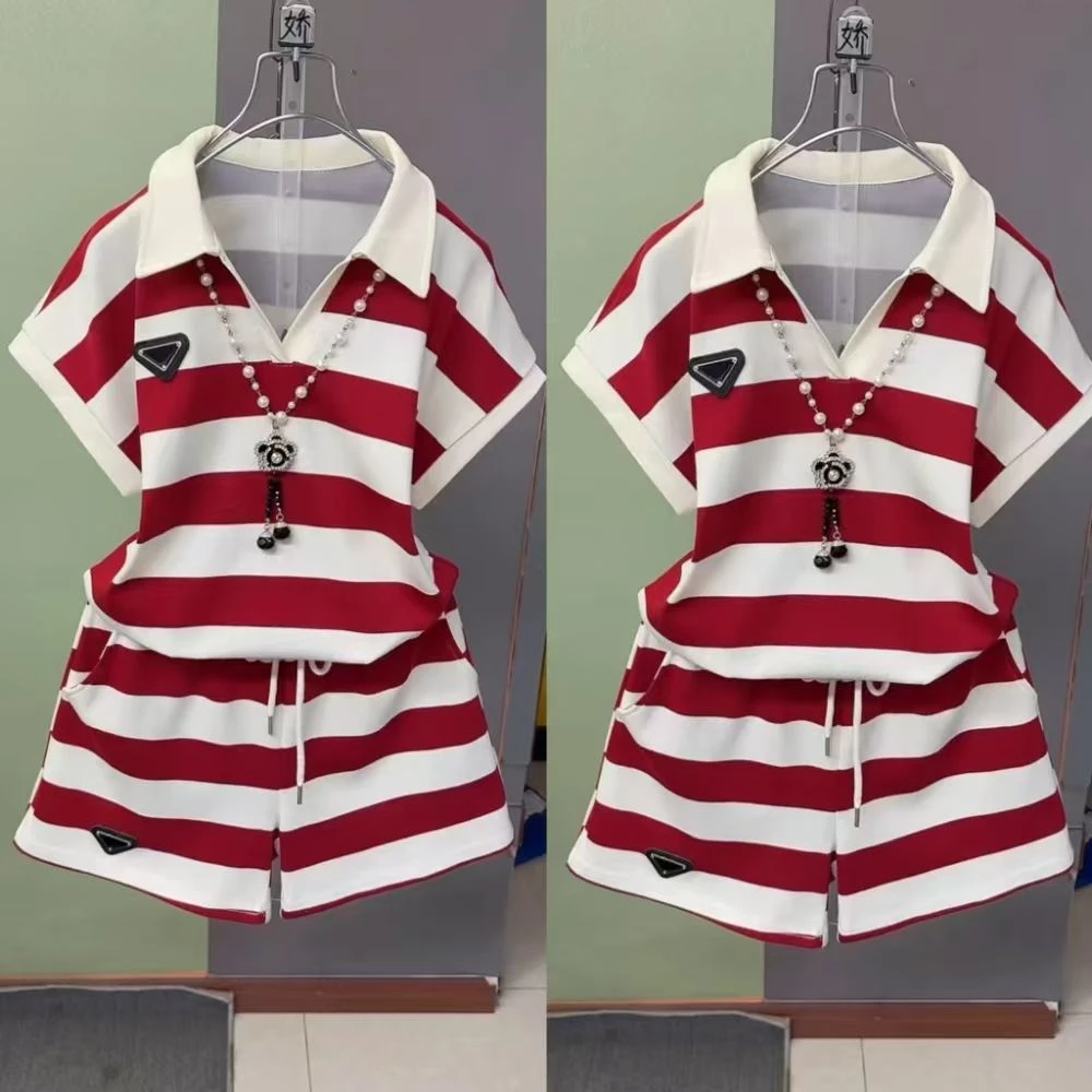 夏季休闲两件套短款条纹上衣+松紧腰显瘦短裤分体套宽松遮肉2025