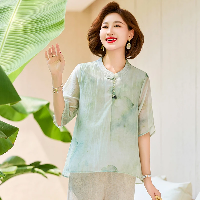 宝莲朵夏季新款新中式妈妈装气质显瘦五分袖上衣轻薄透气