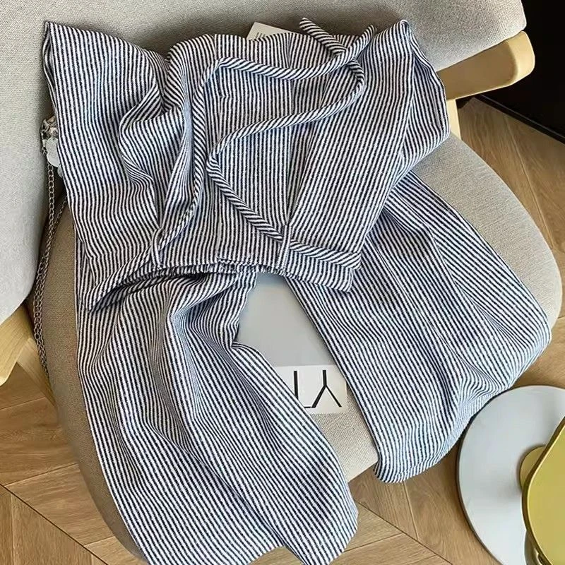 小个子设计2025夏季新款美式宽松条纹裤子复古显瘦休闲直筒阔腿裤