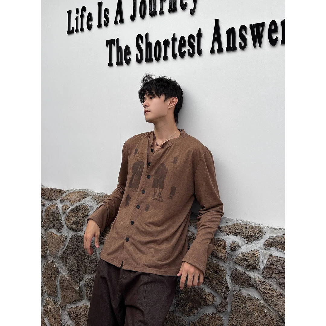 【咖啡拿铁】Bloom Studio复古印花衬衫男宽松百搭休闲长袖衬衣潮