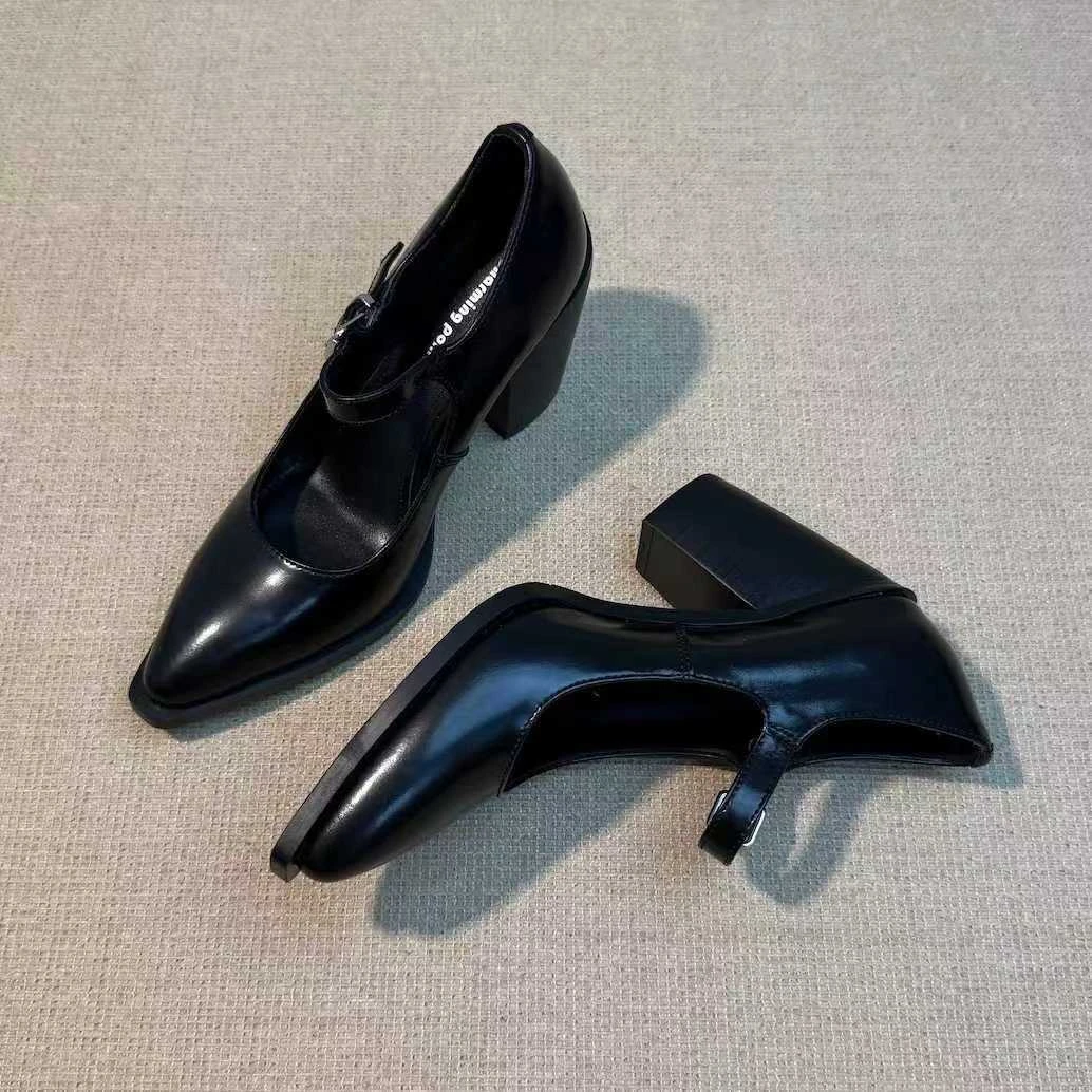 六也·复古尖头擦色粗跟玛丽珍鞋｜法式高跟鞋8.5cm真皮法式L102