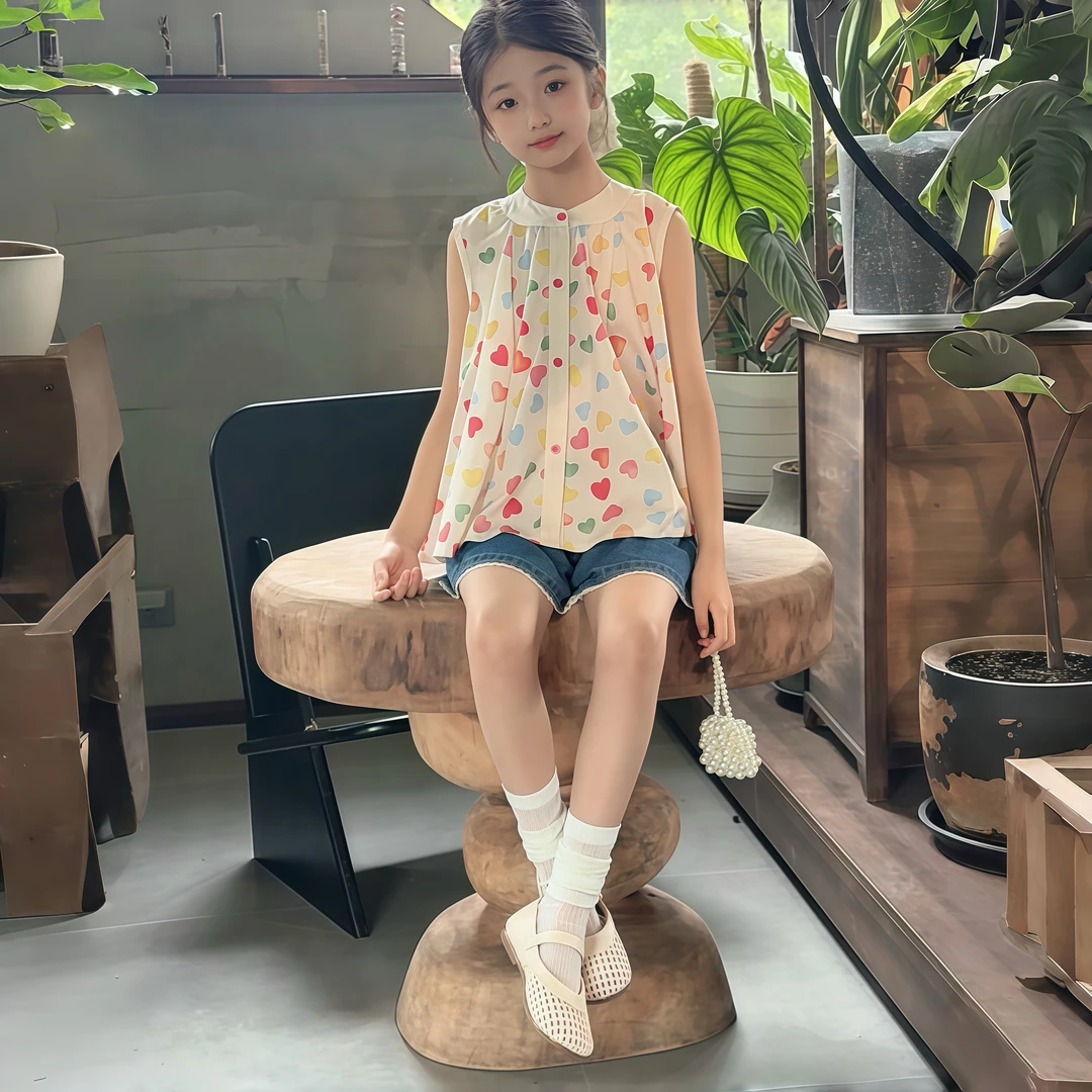 女童夏季爱心无袖凉感套装2025儿童牛仔短裤休闲洋气宽松时髦碎花