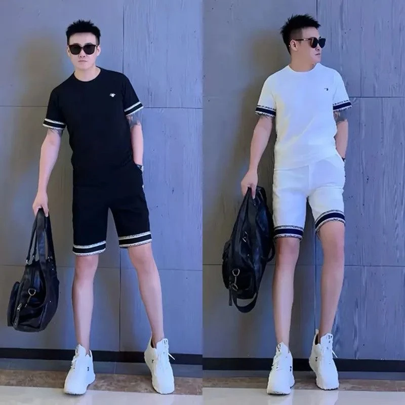 夏季蜜蜂轻奢条纹设计感男士短袖短裤套装薄款透气冰感帅气两件套