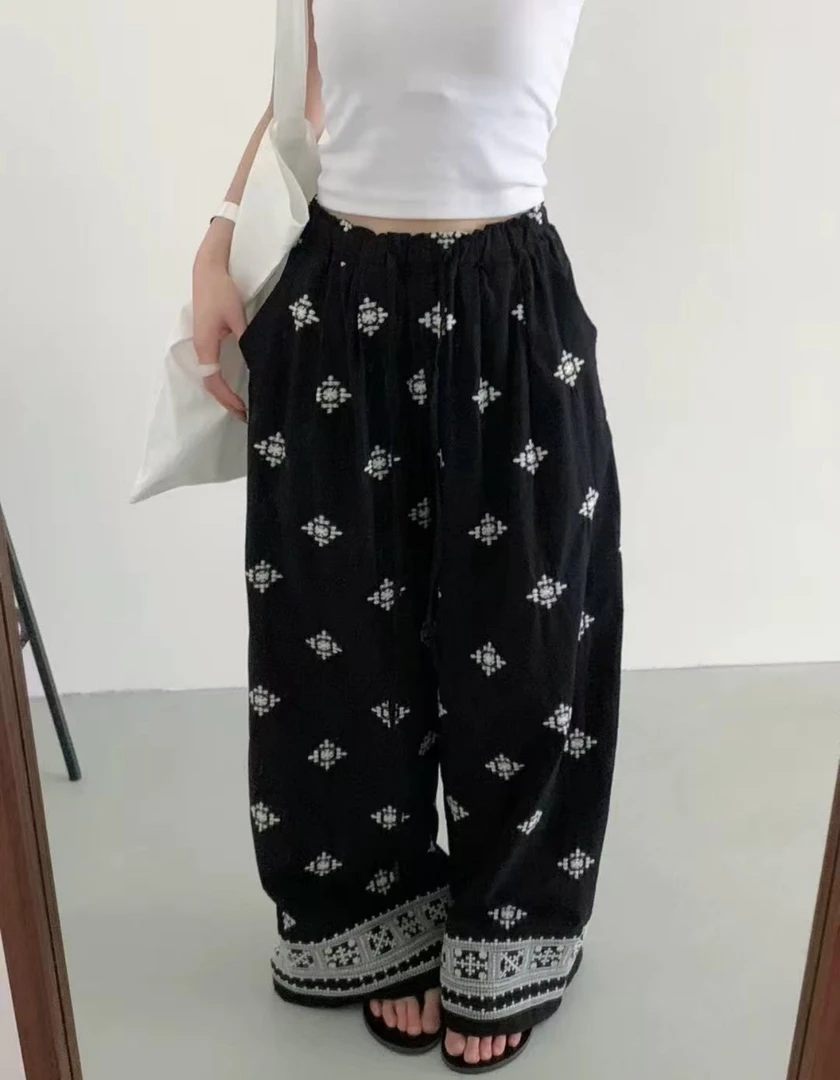 Manmi 民族风印花松紧腰麻料阔腿裤 5155（A3）