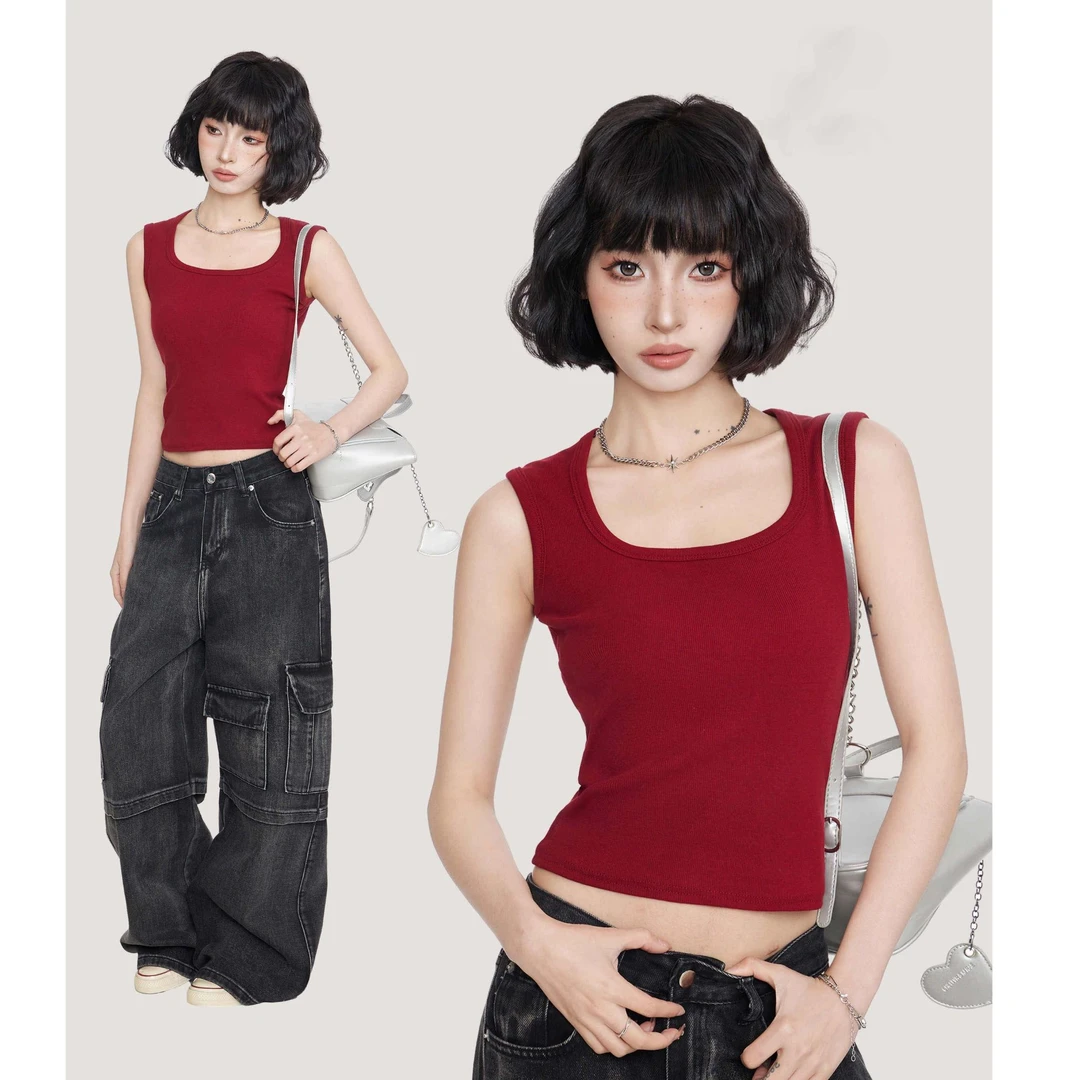 美式复古辣妹红色遮副乳遮斜方肌方领宽肩背心女修身短款性感外穿