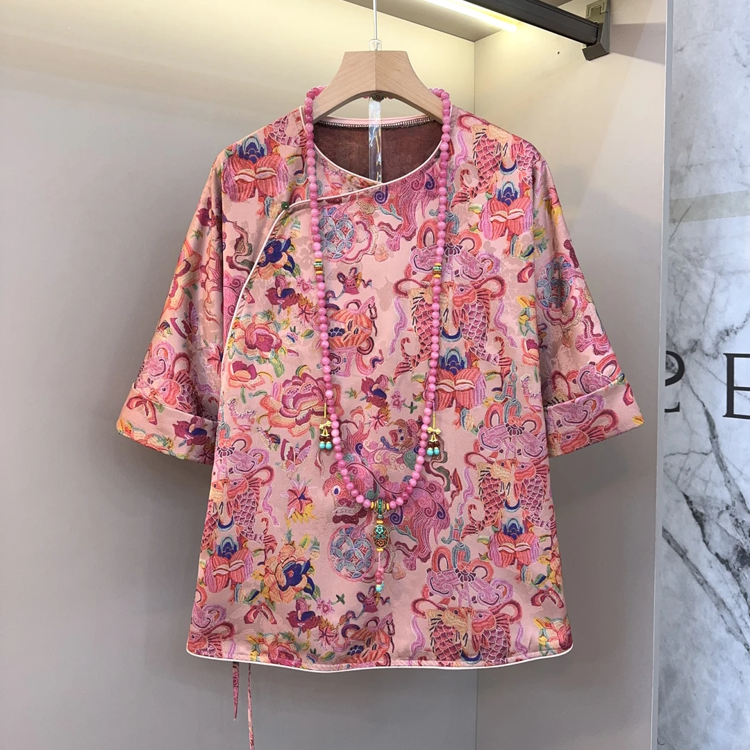 新中式国风2025新款设计感侧面开叉系带高品质提花中袖上衣和套装