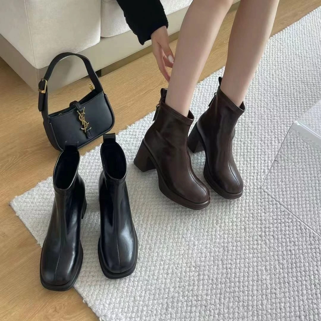 女冬秋冬方头高跟短靴瘦瘦靴圆头加绒英伦风女靴百搭筒靴时尚粗跟