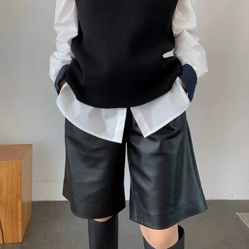 【年初特价】海宁正品皮裤新款百搭显瘦中裤时尚中高腰5分裤子女