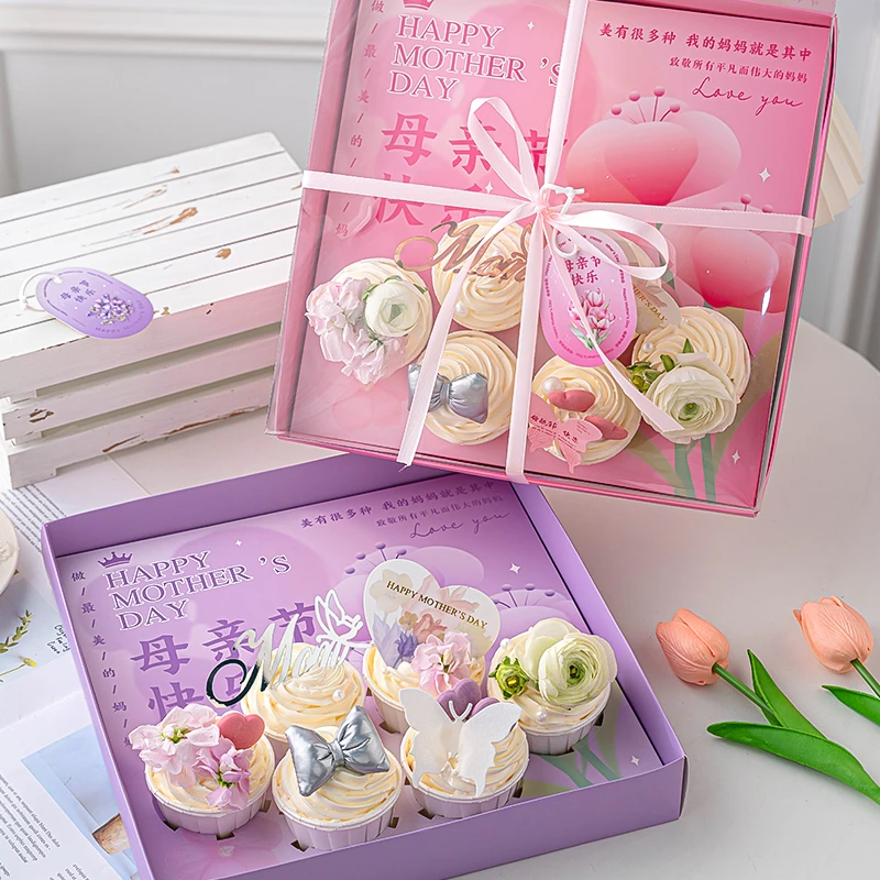 2025母亲节6粒纸杯蛋糕盒手提包装盒妈妈节日快乐纸杯蛋糕装饰