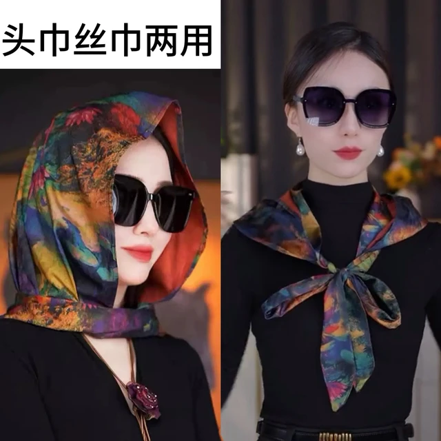 时尚香云纱双面色贵妇包头巾缎面防晒丝巾帽子防风高级感旅行拍照