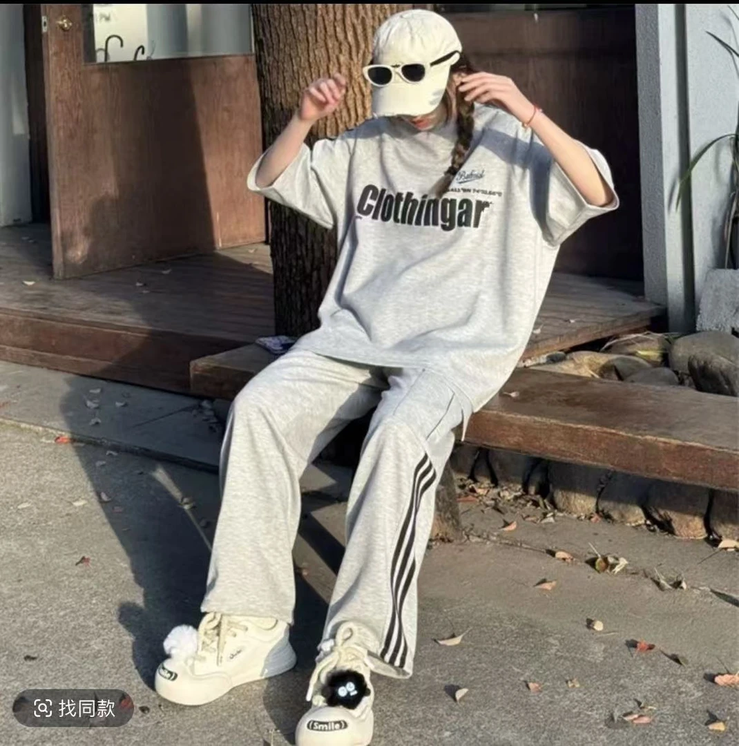 休闲运动套装阔腿炸街宽松百搭夏季印花韩版减龄直筒