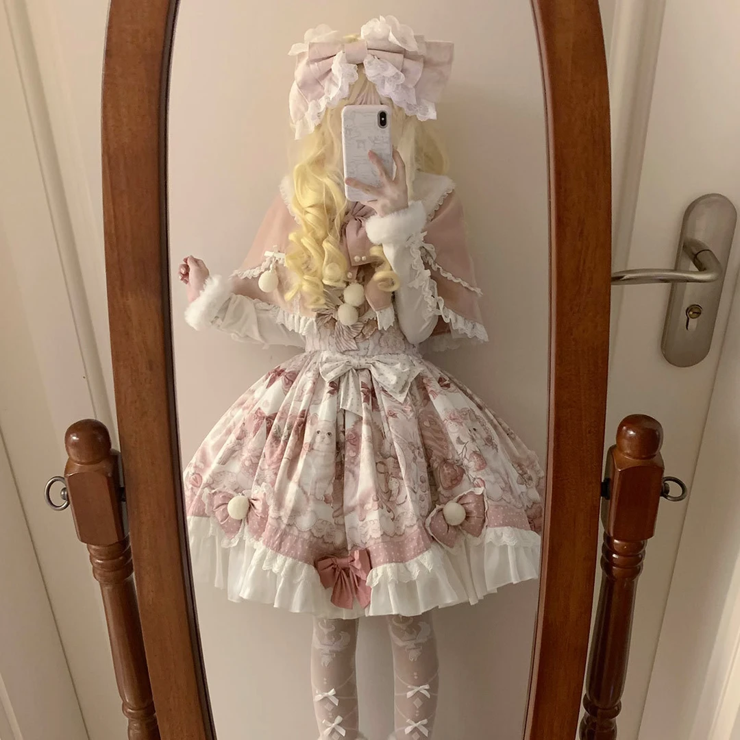 锦慕Lolita甜品猫猫秋冬季粉色吊带裙披肩套装甜美可爱甜系洛丽塔