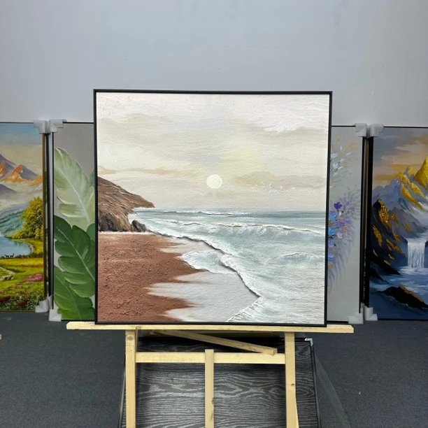 【日出东海】手工立体浮雕正方形餐厅装饰画简约沙滩海景挂画8080