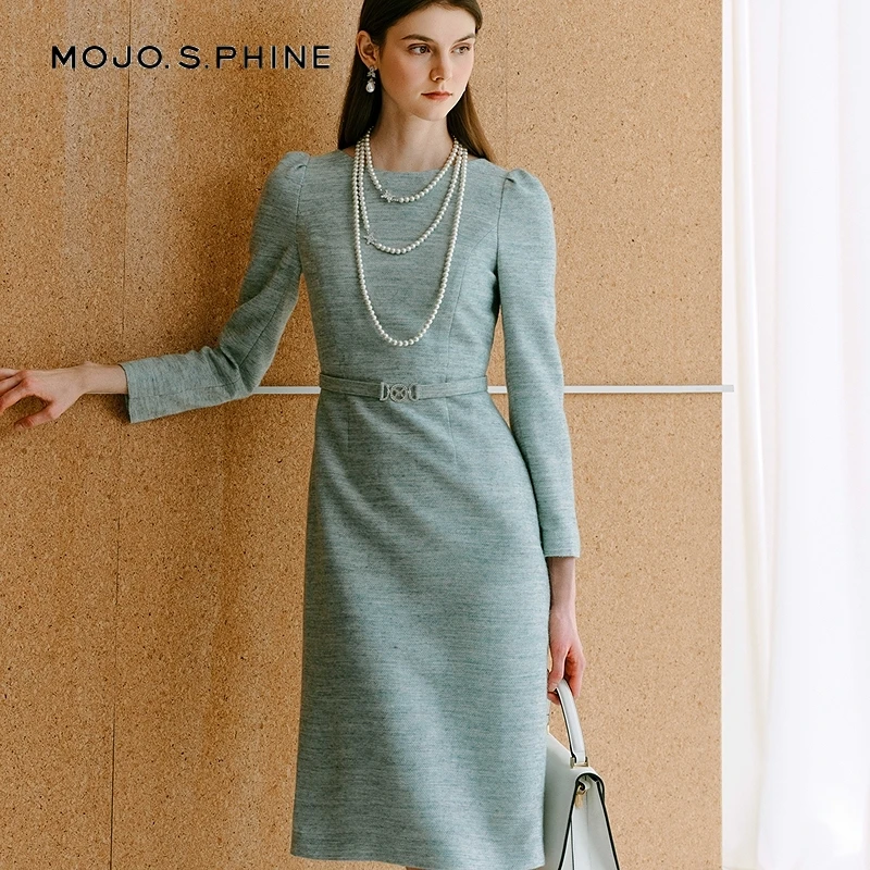 法式薄荷绿优雅连衣裙2025年柔软收腰显瘦长裙-MOGD04WOP002T11