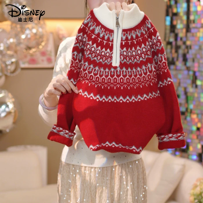 迪士尼女童套头毛衣2025秋冬新款甜美休闲风保暖百搭毛衣加厚款