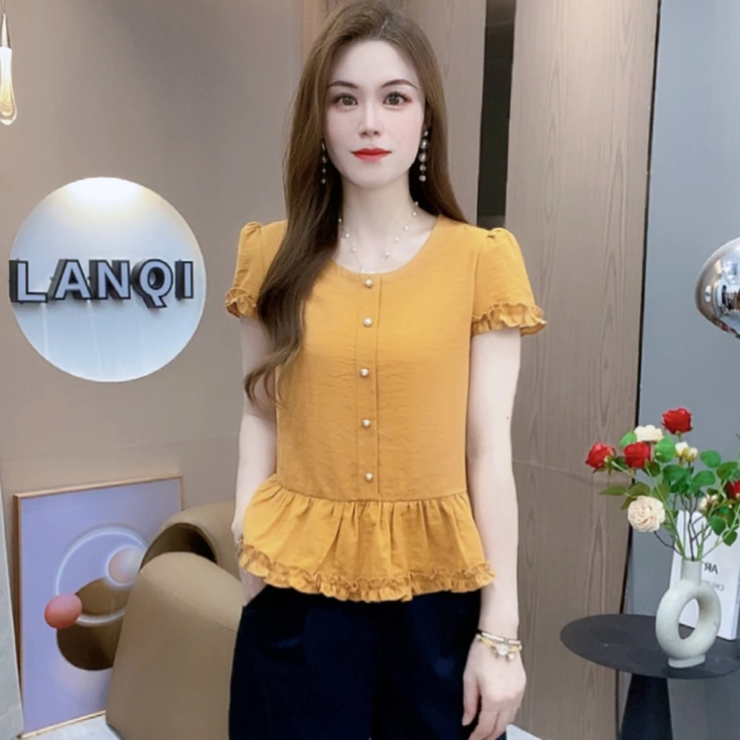 A8621时尚短袖衬衫女夏季新款洋气显瘦遮肚子减龄百搭上衣