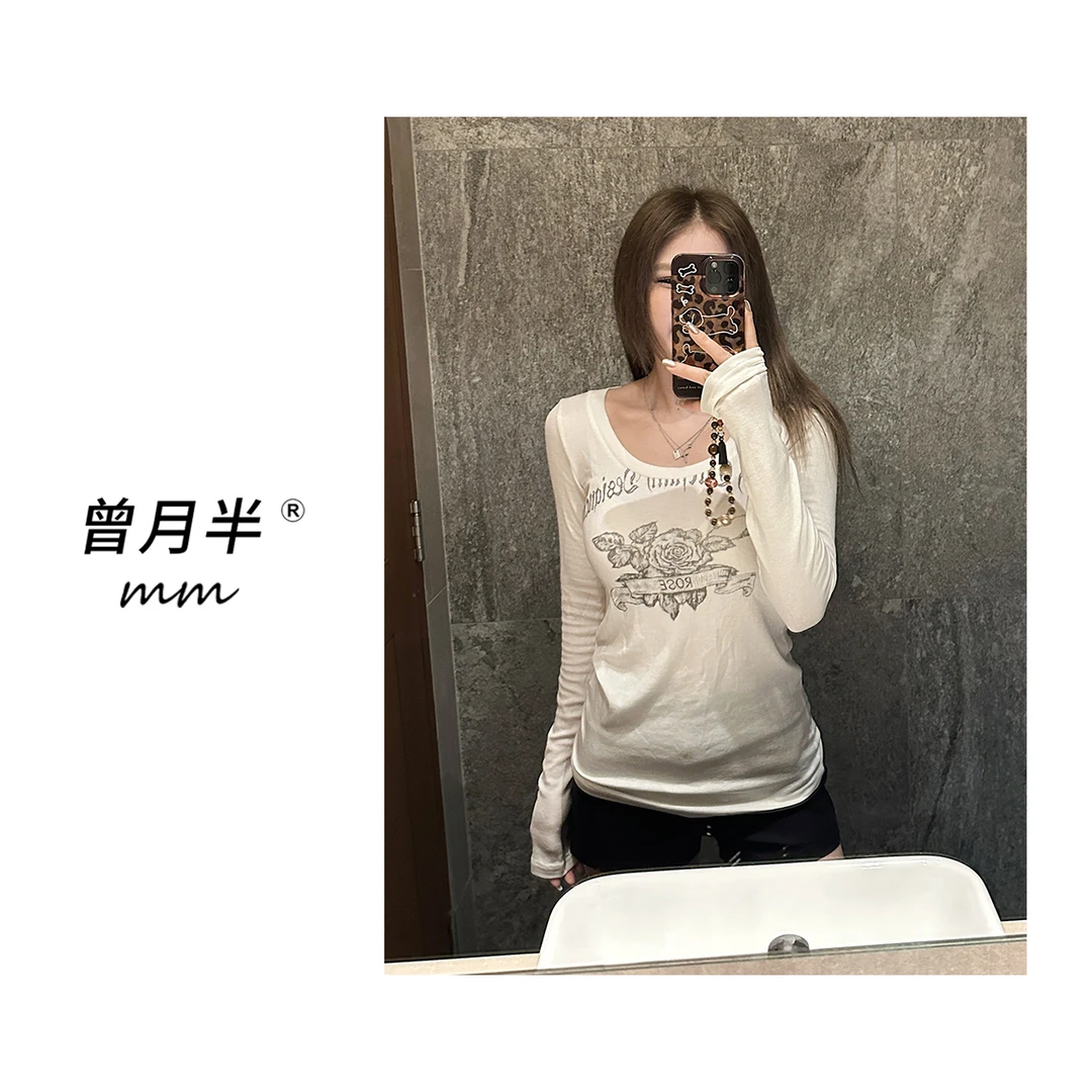 曾月半mm清仓《蔷薇玫瑰》早春辣妹修身U领印花天SY毛长袖T恤！ZS999
