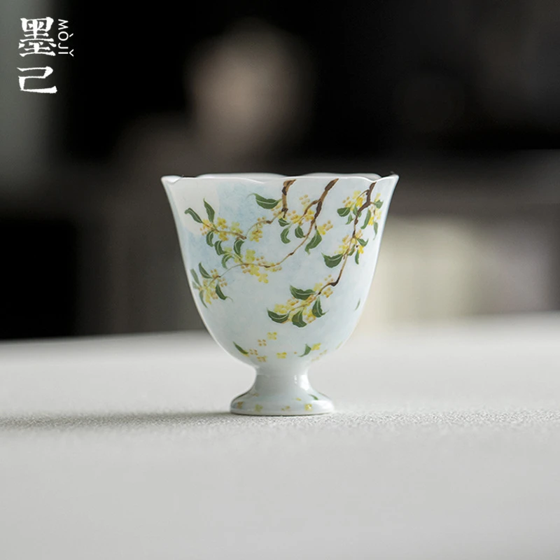 当代 墨己晴山蓝手绘桂影弄月花口高足茶杯功夫茶具陶瓷家用桂hH