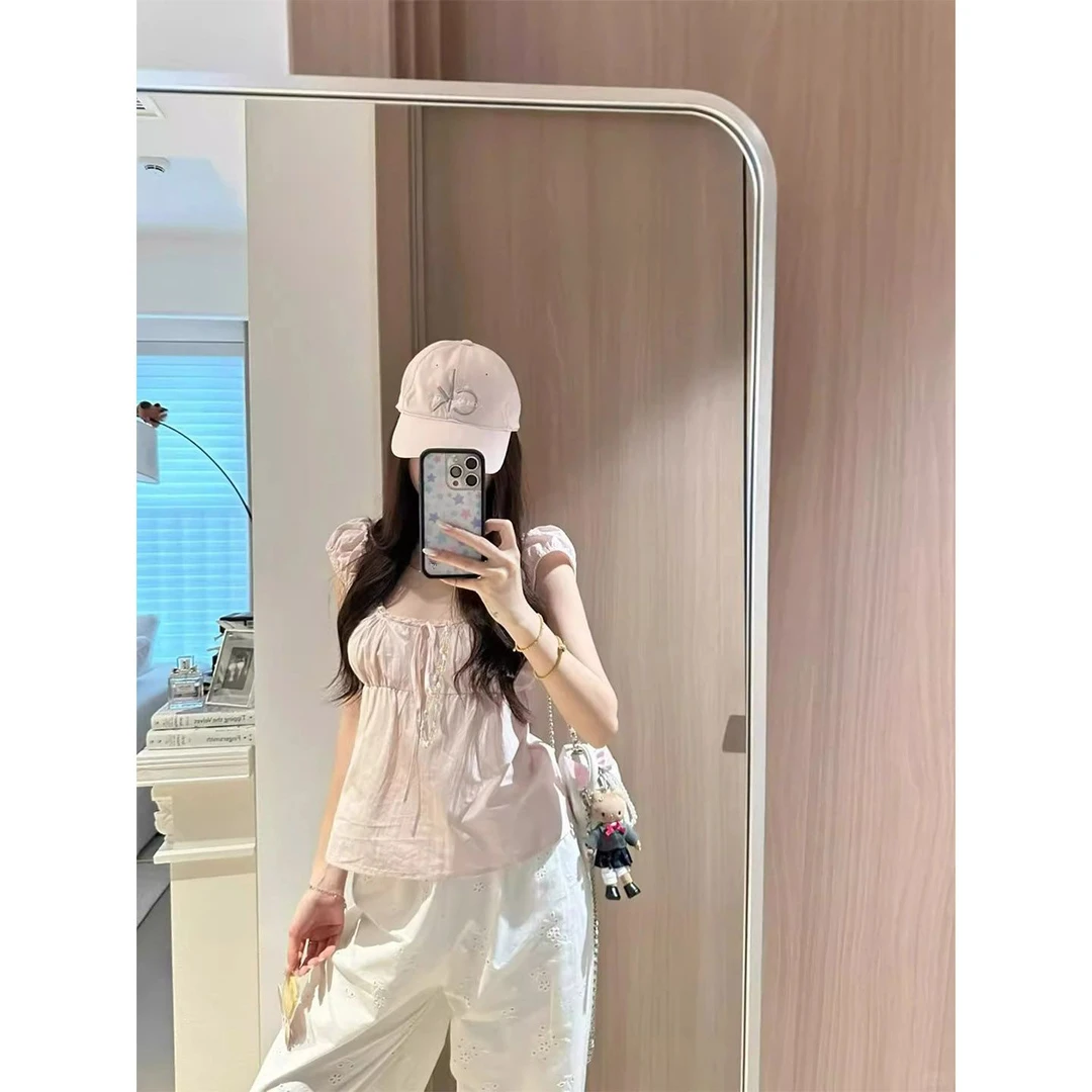 法式气质粉色一字肩方领衬衫女夏季新款辣妹纯欲甜美减龄外穿上衣