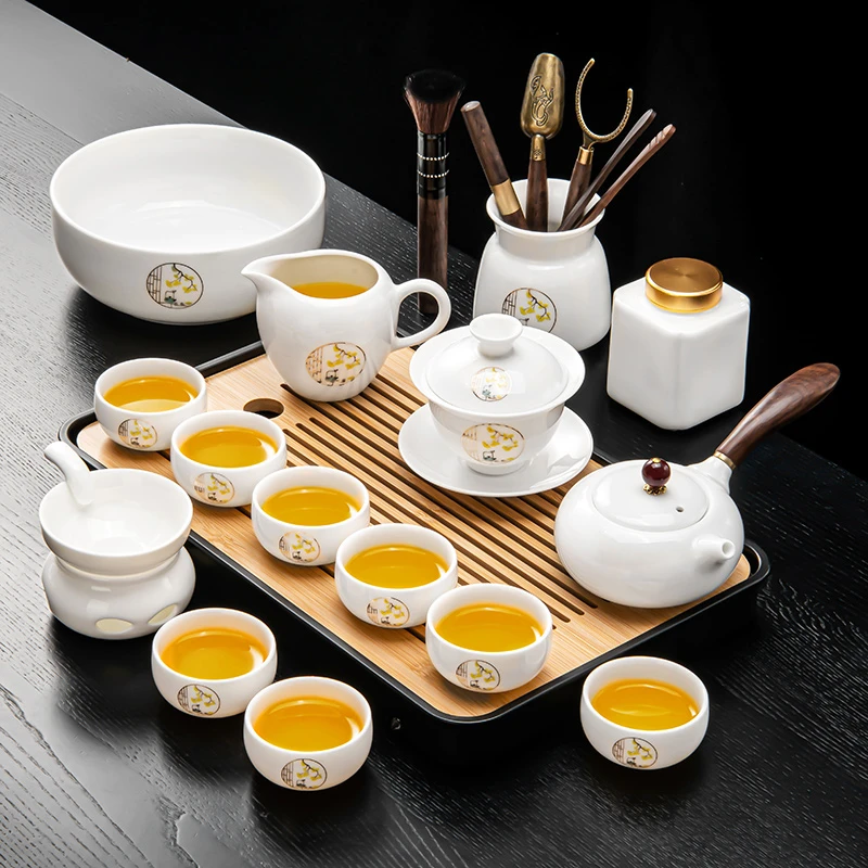 轻奢家用羊脂玉白瓷侧把壶盖碗功夫茶具套装喝茶器具可定制logo
