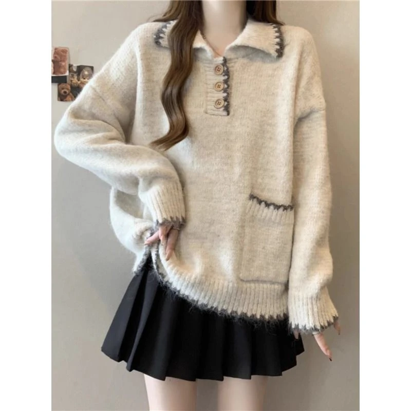 爆款韩系秋冬撞色软糯加厚女春季大码胖百搭慵懒小香风短款毛衣