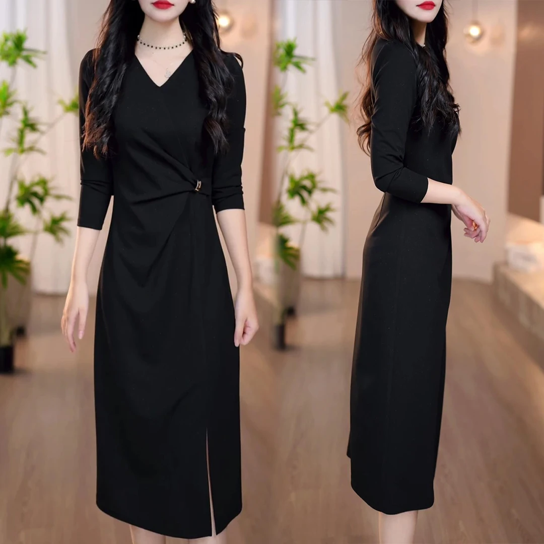 时尚法式设计感V领长袖连衣裙2025秋季新款洋气显瘦中长款休闲裙