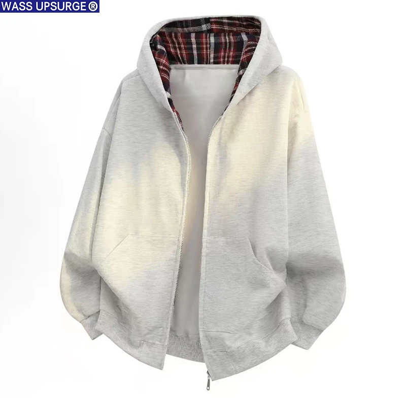 WASS UPSURGE开衫卫衣男士秋冬美式潮流宽松连帽格子情侣夹克外套