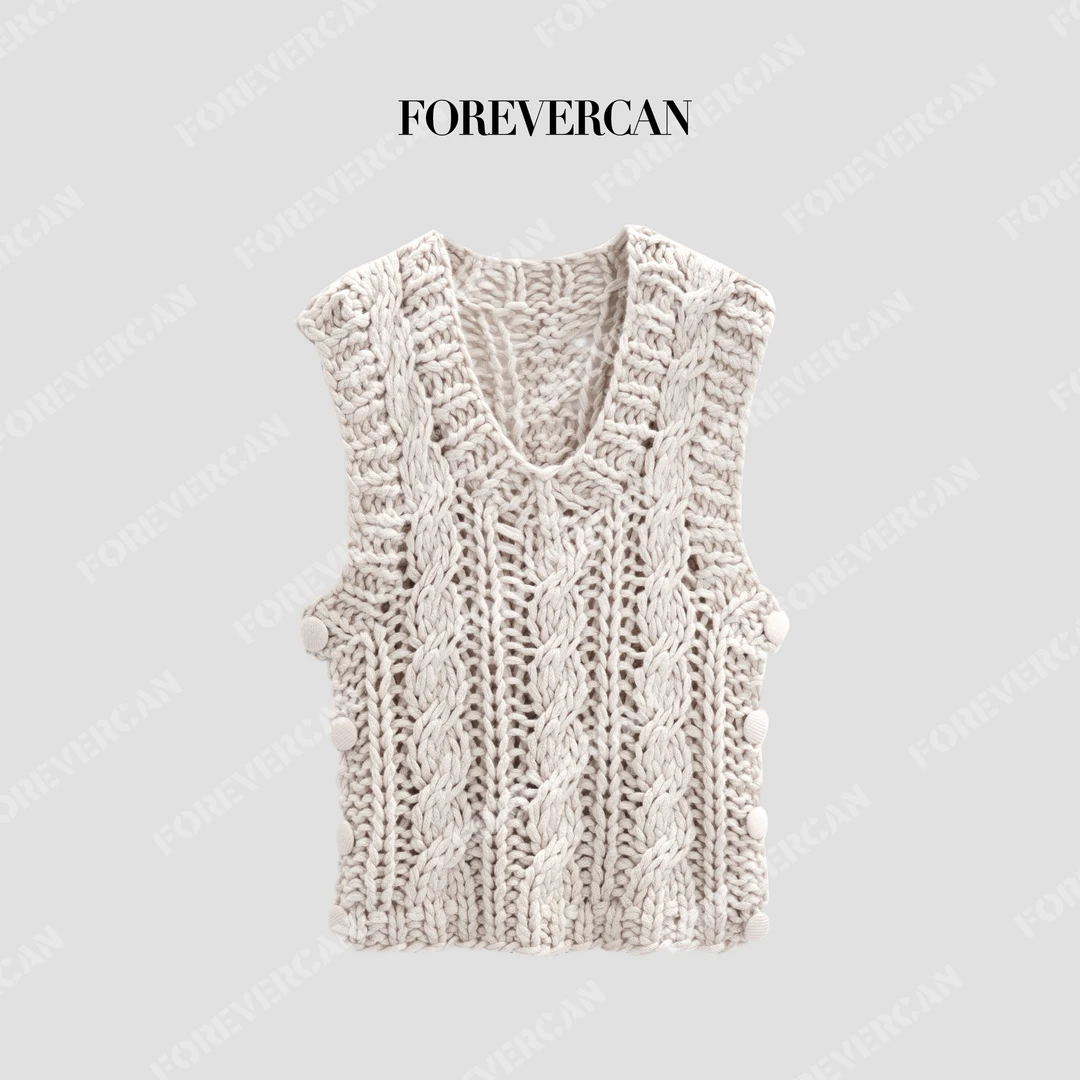 FOREVERCAN“酸奶慕斯”纯手工粗线镂空针织马甲背心上衣MY4739