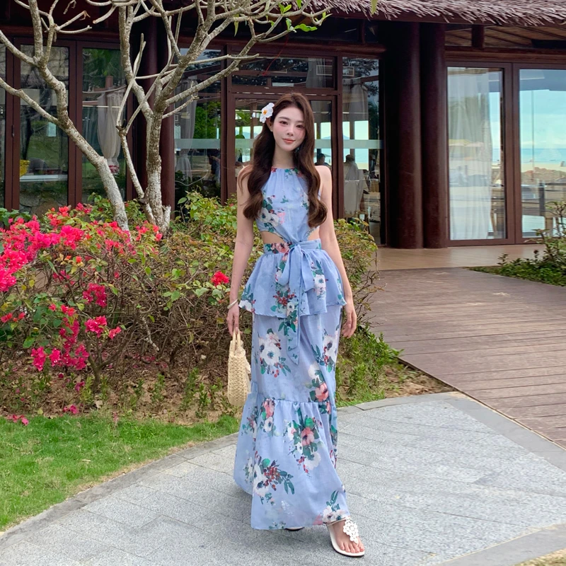 田曦薇同款碎花无袖露背连衣裙女春季法式茶歇海边度假长裙子