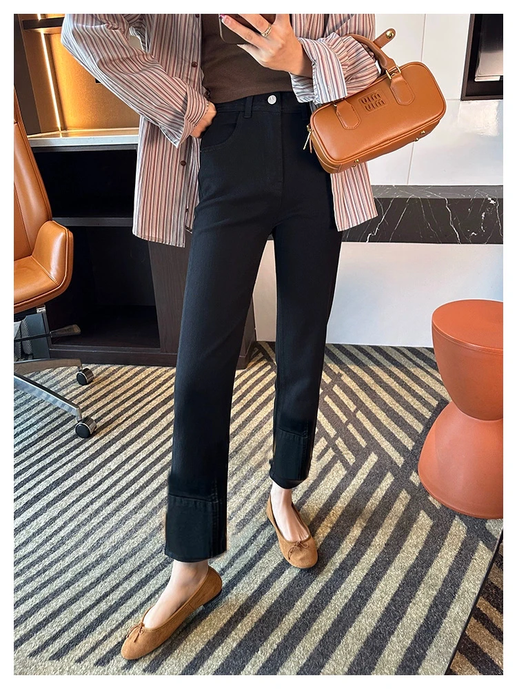 6656#黑色窄版直筒牛仔裤女弹力高腰显瘦拼接小个子八分烟管裤