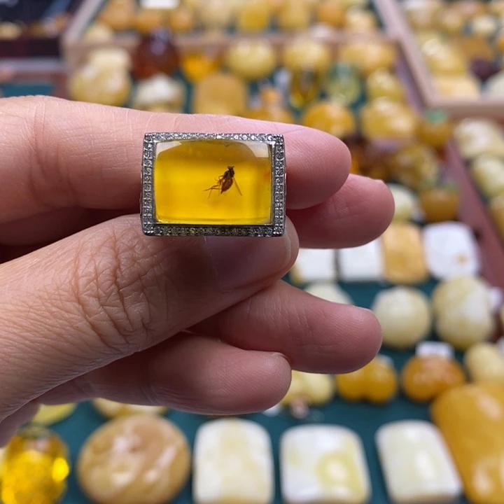 琥珀未镶嵌裸石虫珀男戒