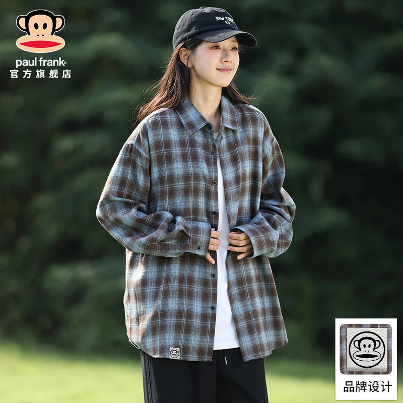 paul frank/大嘴猴日系休闲长袖衬衫男夏季薄款翻领宽松格子衬衣