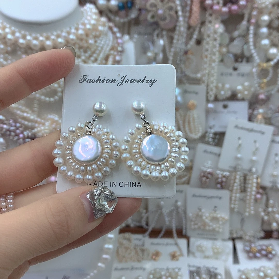 耳饰银S925镶嵌淡水珍珠