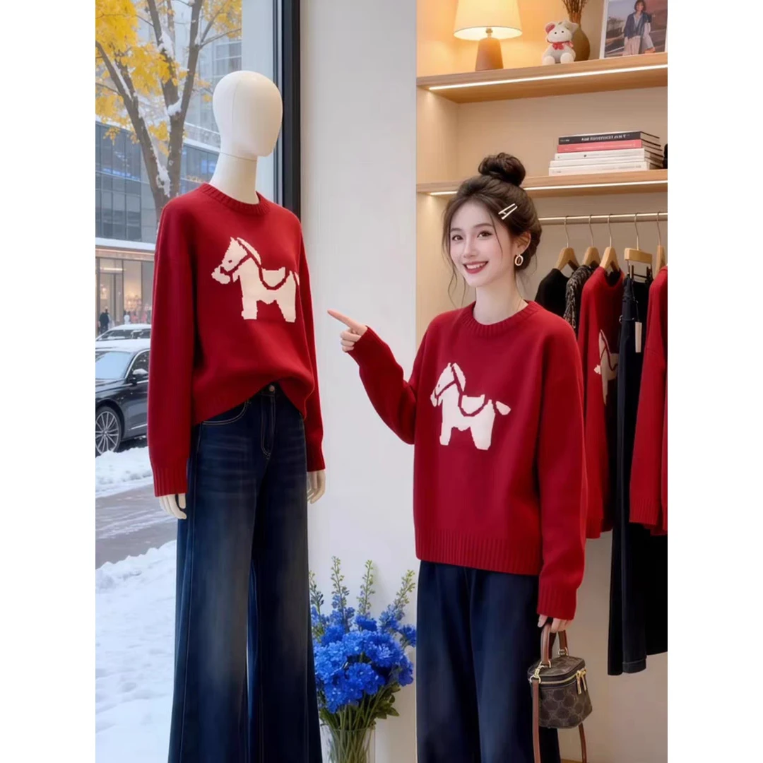 可爱小马提花红色毛衣女圆领秋冬红毛衣女新款2025爆款洋气本命年