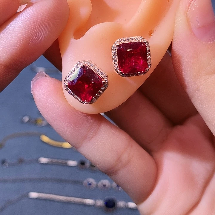 红宝石耳饰银S925镶嵌