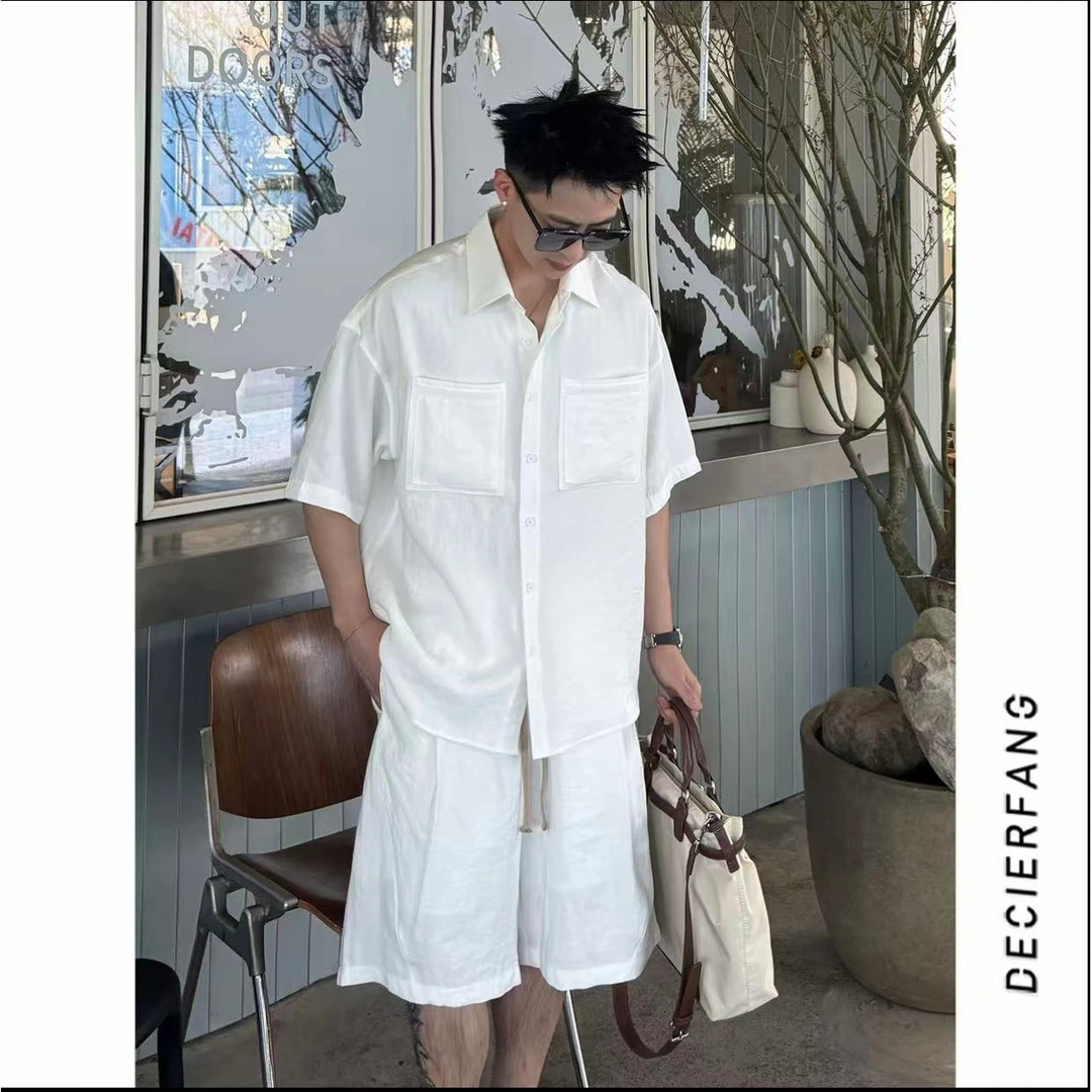 25夏季莱赛尔天丝亚麻老钱风休闲短袖衬衫夏季薄款短裤高级感套装
