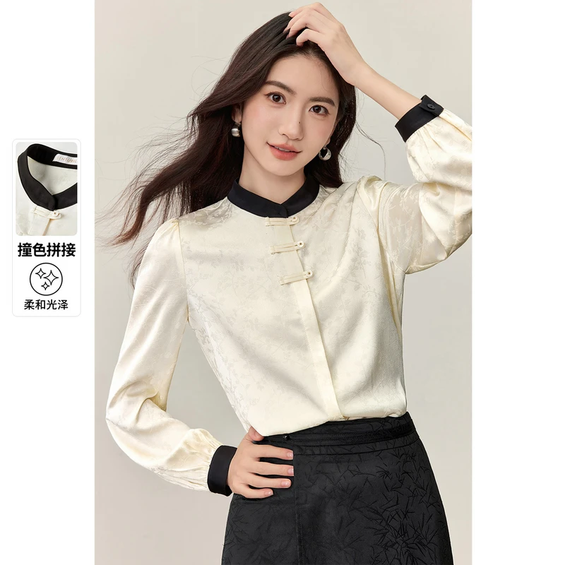 尚都比拉【撞色拼接】通勤玉石盘扣暗门襟缎感提花长袖衬衫C2853