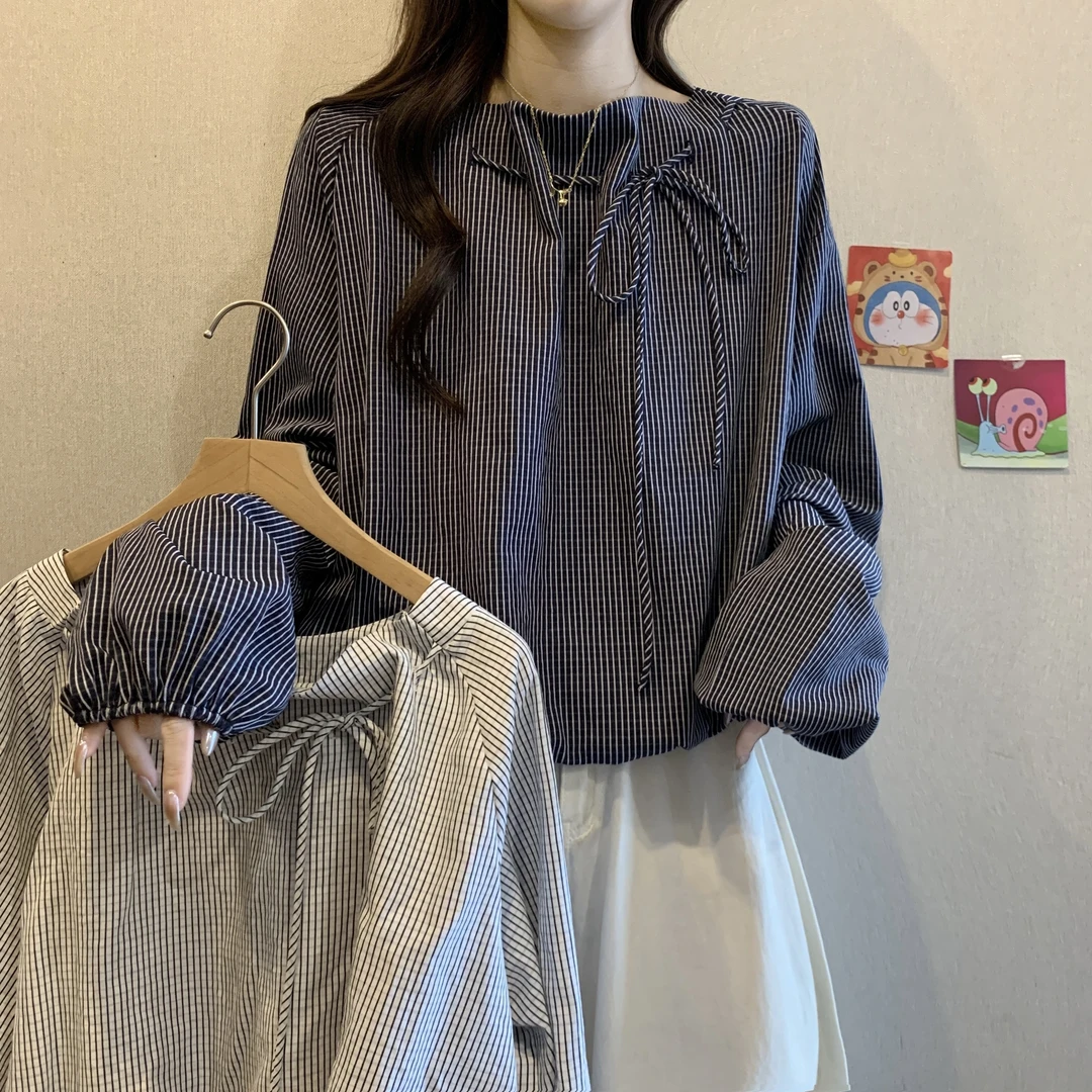 大码女装独特漂亮小上衣超胖MM条纹长袖衬衫女早秋2025新款