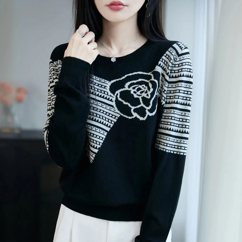 品牌撤柜正品秋冬新款圆领长袖毛针织衫女时尚复古洋气宽松上衣