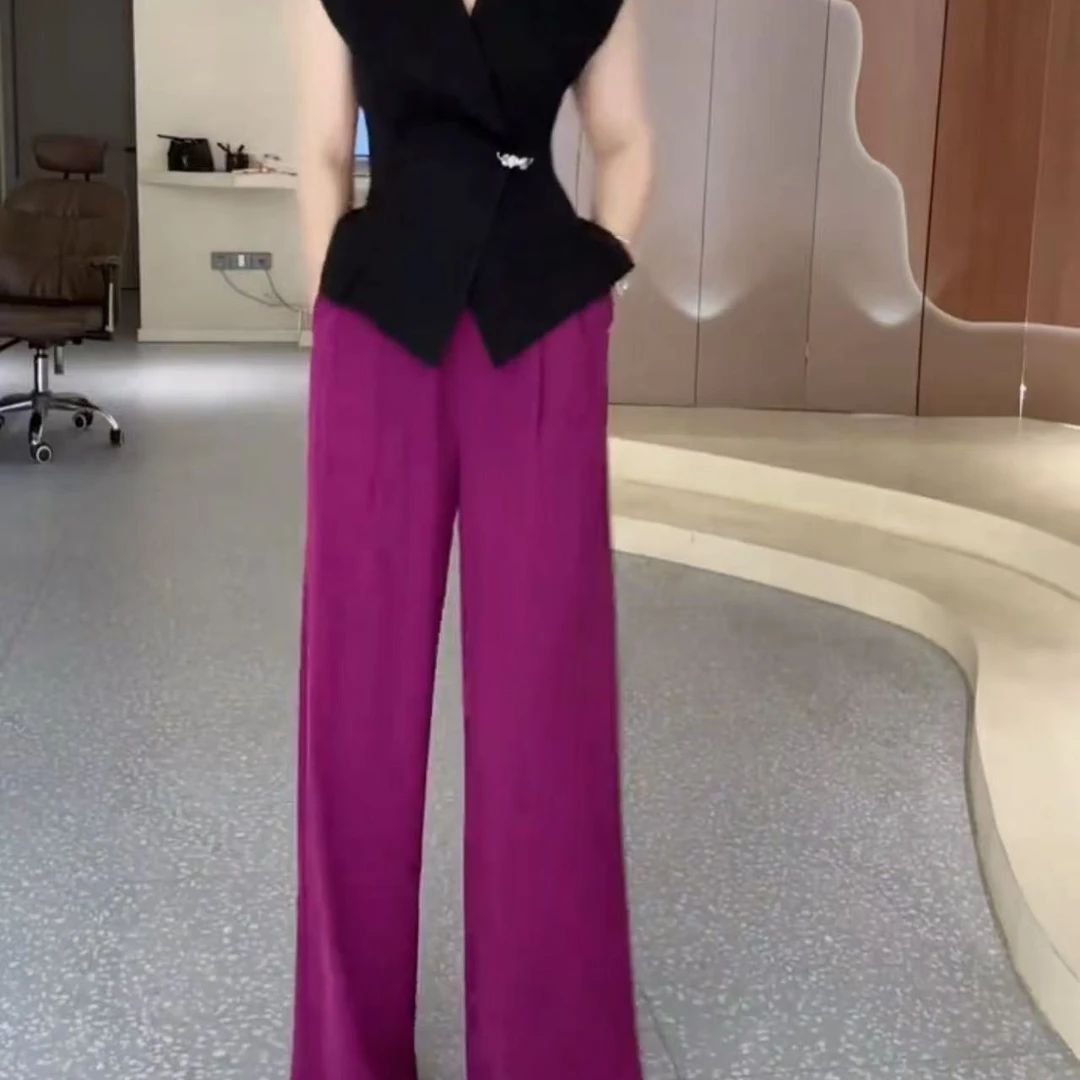 夏季新款御姐风黑色马甲上衣直筒长裤显瘦女