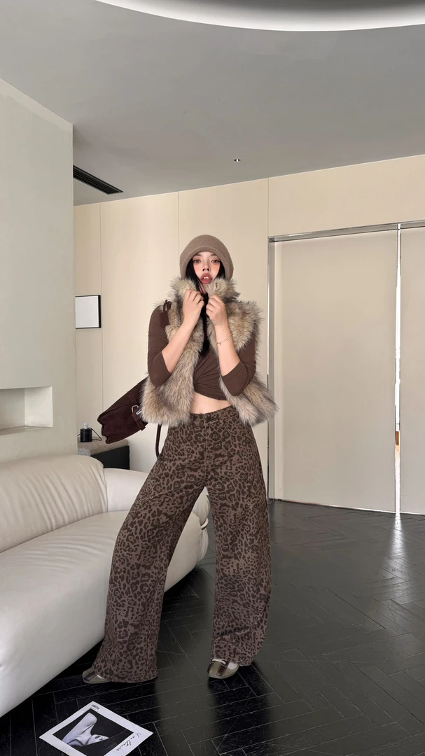 217抓毛弯刀工装裤显瘦女装直筒裤冬季裤豹纹休闲裤百搭秋冬高腰