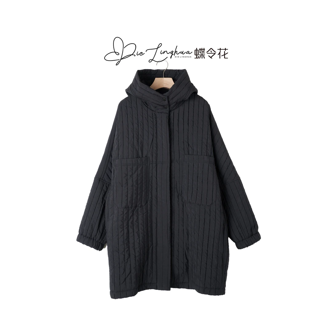 蝶令花秋冬时尚简约休闲带帽潮流百搭宽松中长款纯色棉服X-23163