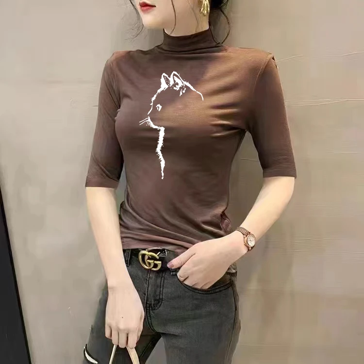 猫咪印花早秋莫代尔T恤中袖打底衫女半高领女装秋款爆款2025新款
