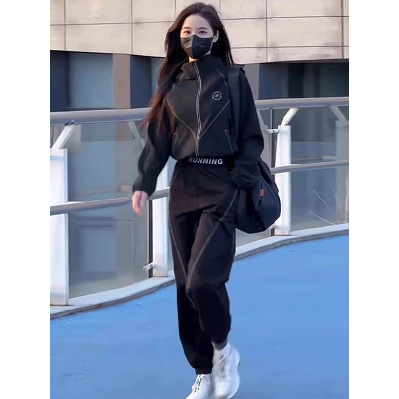 黑色运动休闲套装女款爆款2025春秋季新款时尚外套哈伦裤两件套潮
