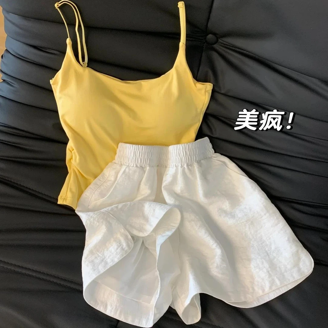 简约睡衣女2025夏季新款带胸垫吊带舒适大码可外穿家居服套装