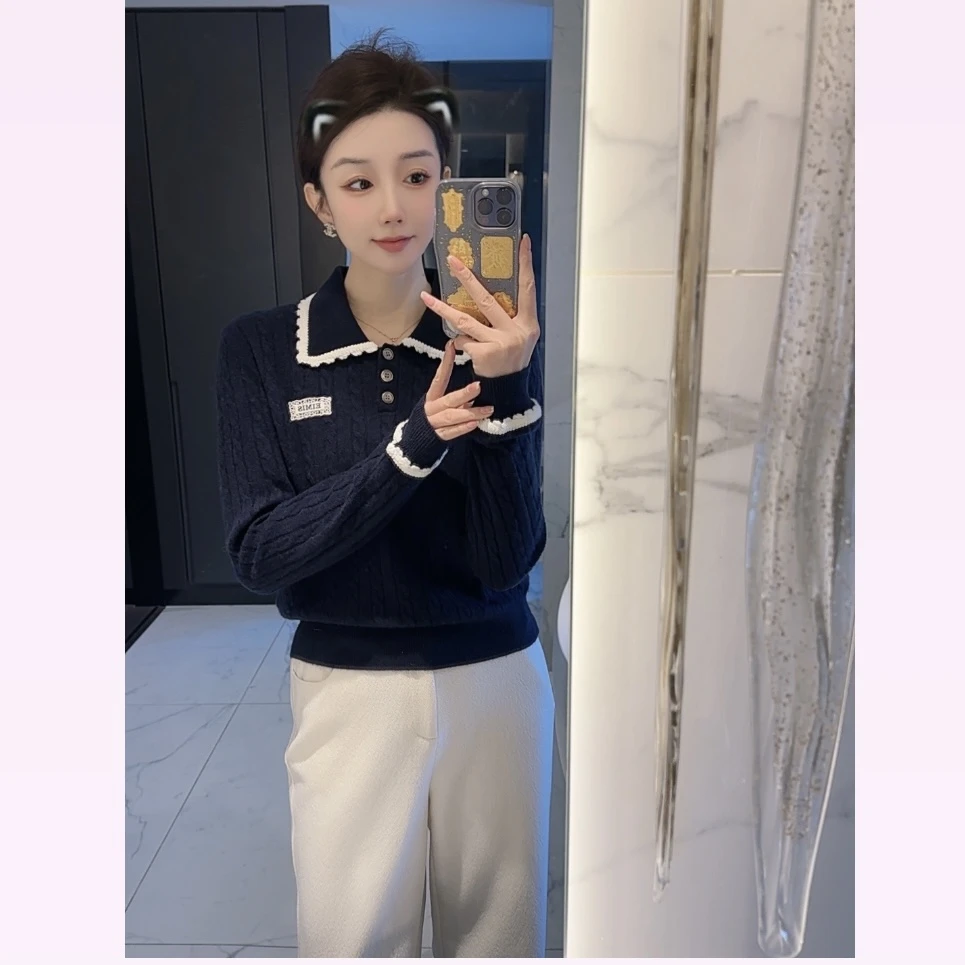 【大静静】甜妹风~减龄翻领羊绒针织衫DJJ1874