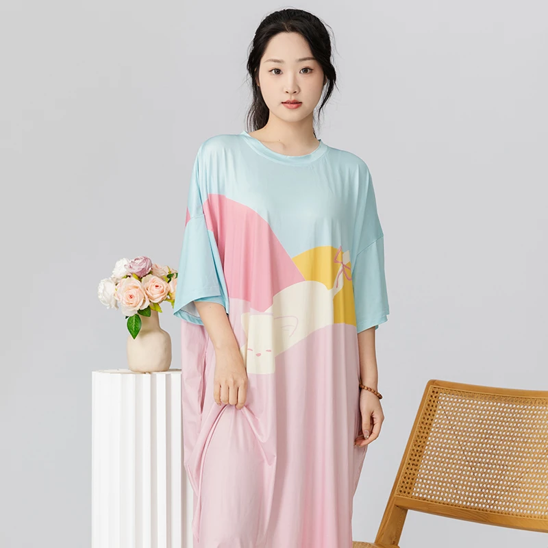 艺术鸭新款慵懒猫猫夏季家居服抗菌凉感宽松中长款原创睡衣女款