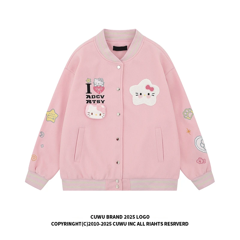 cuwu粉色多巴胺穿搭hellokitty刺绣夹克外套女男秋季情侣装棒球服